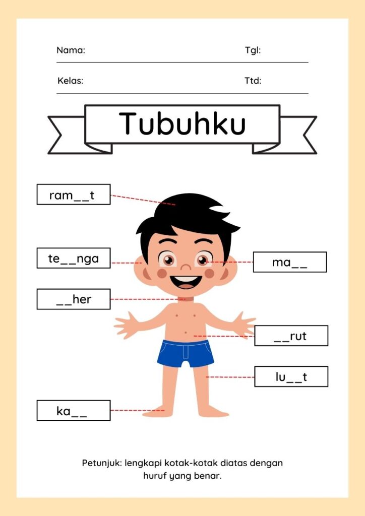 Worksheet Melengkapi Kata Topik Tubuhku Anak Laki Laki